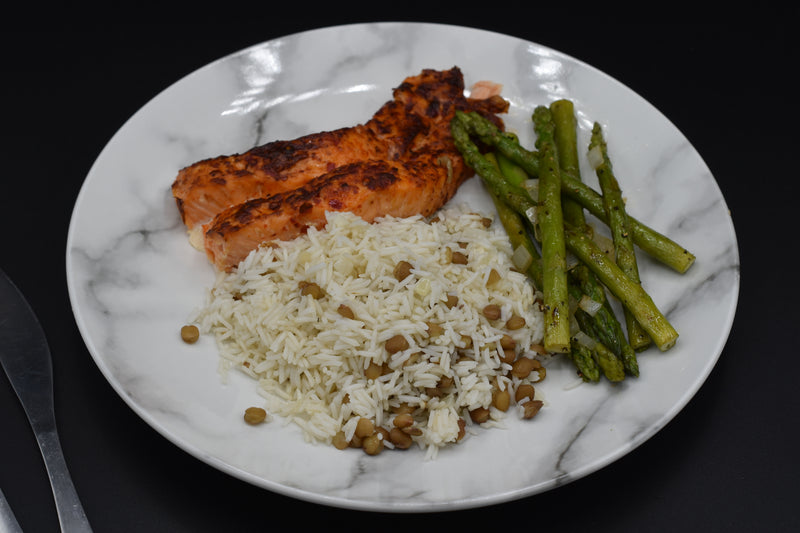 Sweet Sour Salmon With Lentil Rice