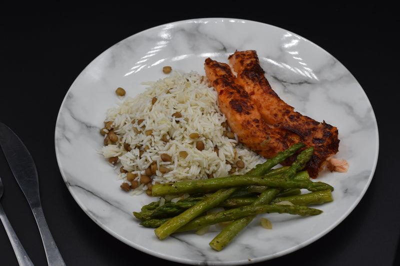 Sweet Sour Salmon With Lentil Rice